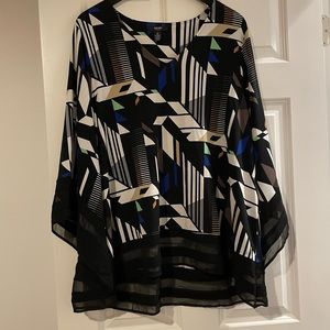 Alfani 2X Womens Blouse B&W w/ Blue Geometric Patterns